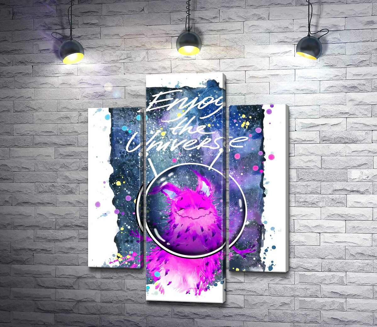 модульна картина Рожевий монстр в шоломі біля напису "Enjoy the Universe" (Модуль №10)