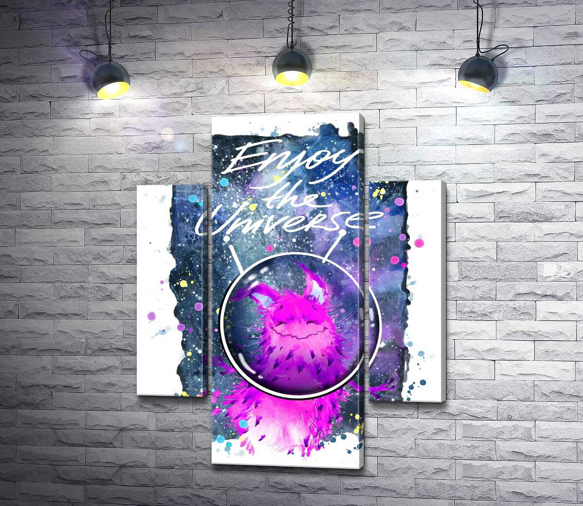 модульна картина Рожевий монстр в шоломі біля напису "Enjoy the Universe" (Модуль №5)