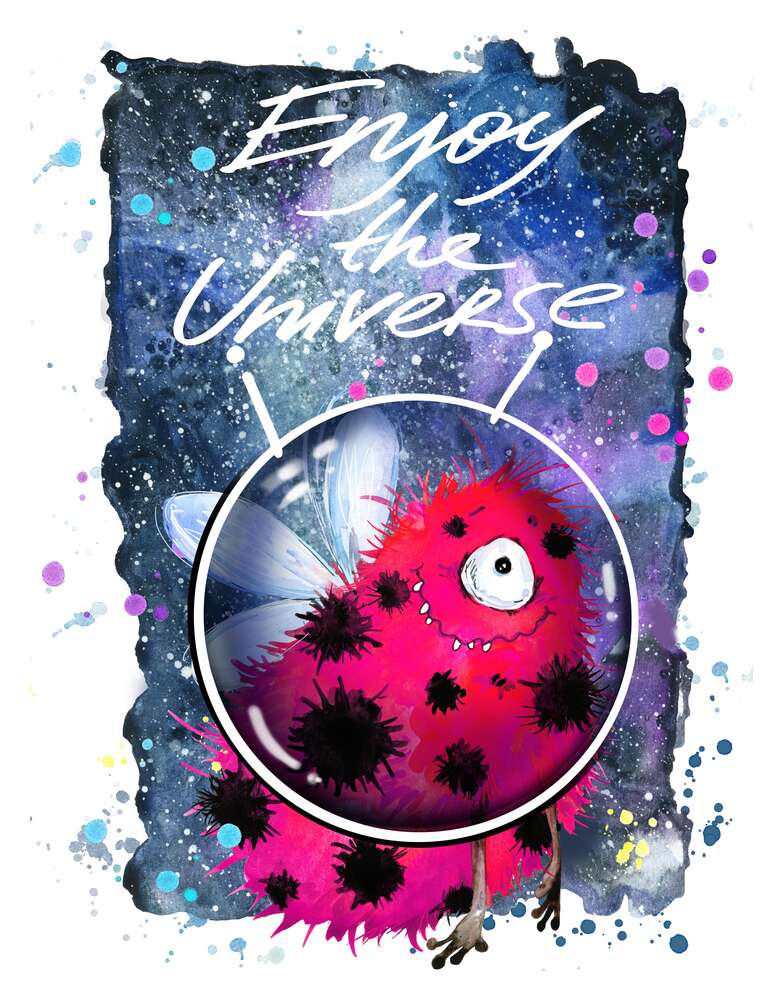 картина-постер Красный монстр с крылышками среди космоса с надписью "Enjoy the Universe"