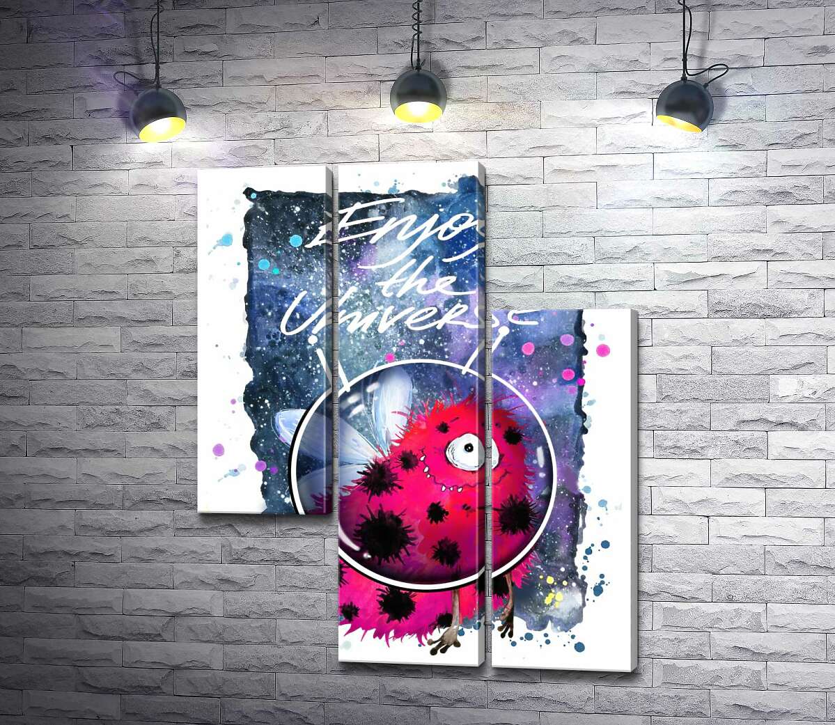 модульна картина Червоний монстр з крильцями серед космосу з написом "Enjoy the Universe" (Модуль №13)