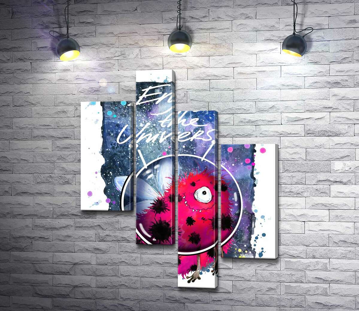 модульна картина Червоний монстр з крильцями серед космосу з написом "Enjoy the Universe" (Модуль №21)