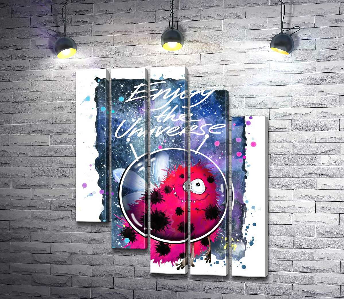модульна картина Червоний монстр з крильцями серед космосу з написом "Enjoy the Universe" (Модуль №28)