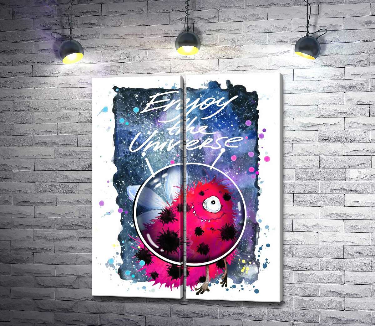 модульная картина Красный монстр с крылышками среди космоса с надписью "Enjoy the Universe"
