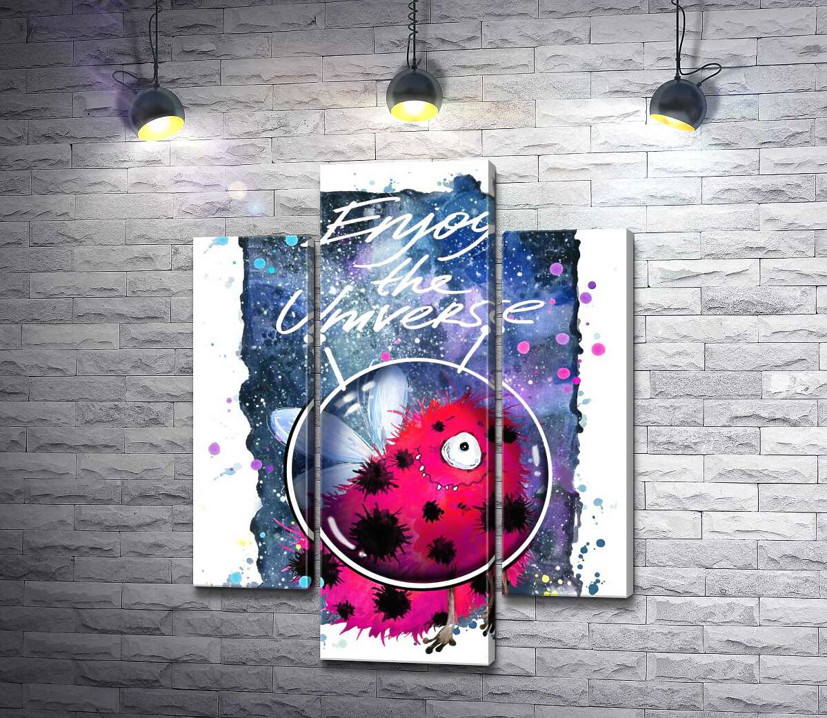 модульна картина Червоний монстр з крильцями серед космосу з написом "Enjoy the Universe" (Модуль №10)