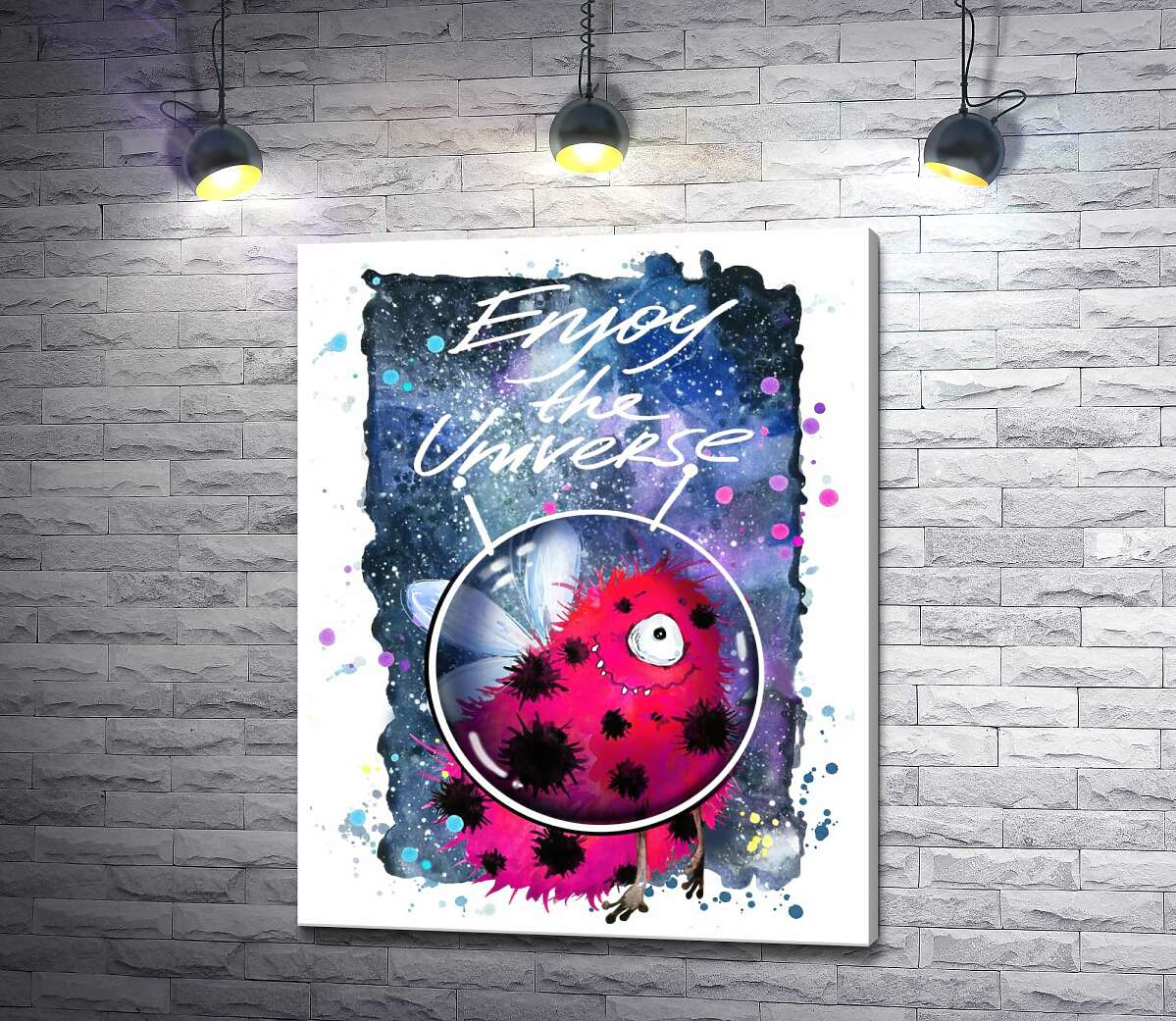 картина Червоний монстр з крильцями серед космосу з написом "Enjoy the Universe"
