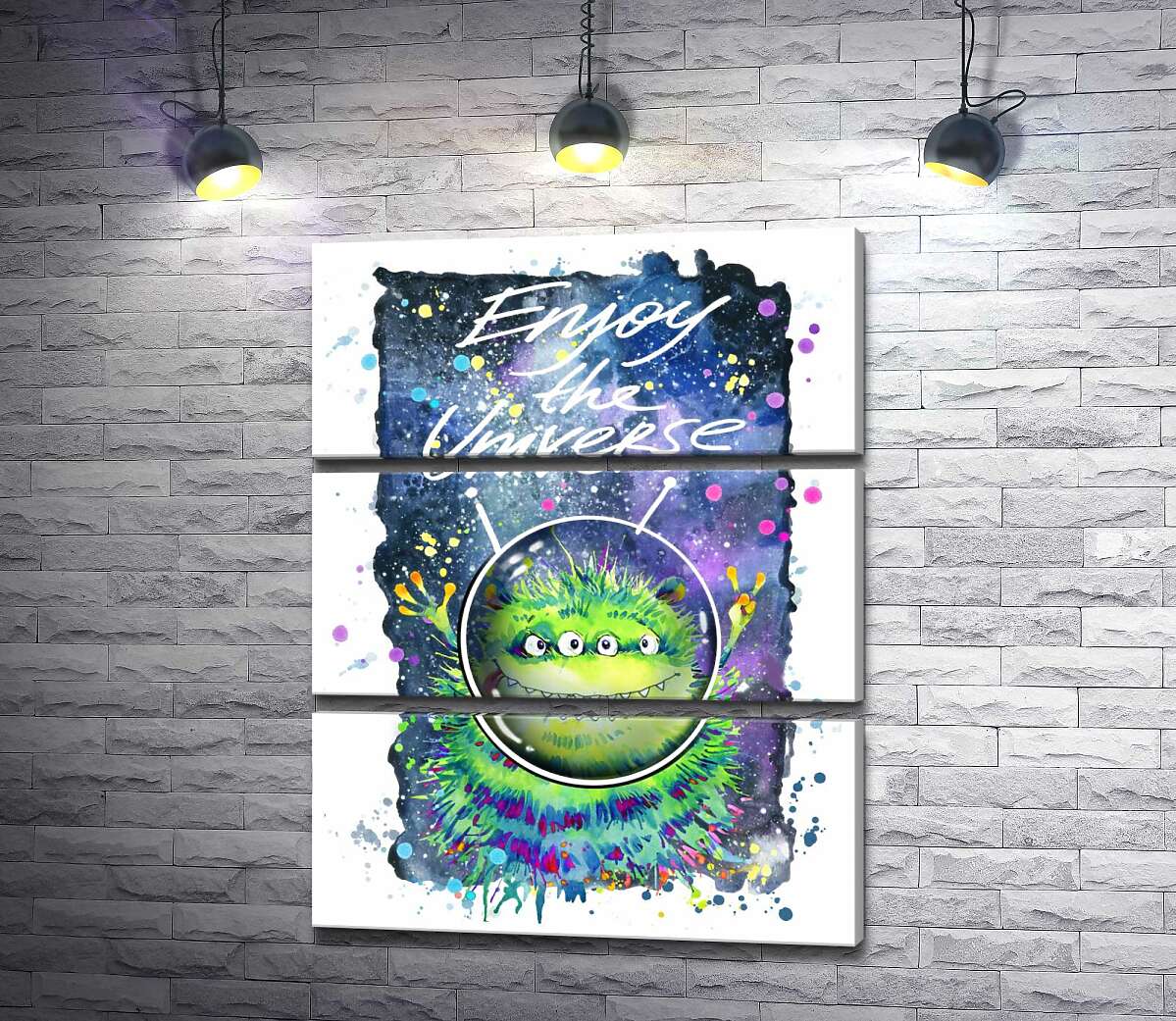 модульна картина Чотириокий зелений монстр літає в космосі біля напису "Enjoy the Universe" (Модуль №15)