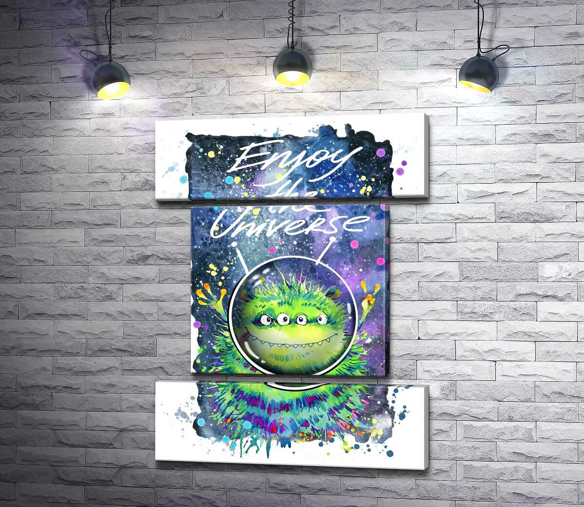 модульна картина Чотириокий зелений монстр літає в космосі біля напису "Enjoy the Universe" (Модуль №18)