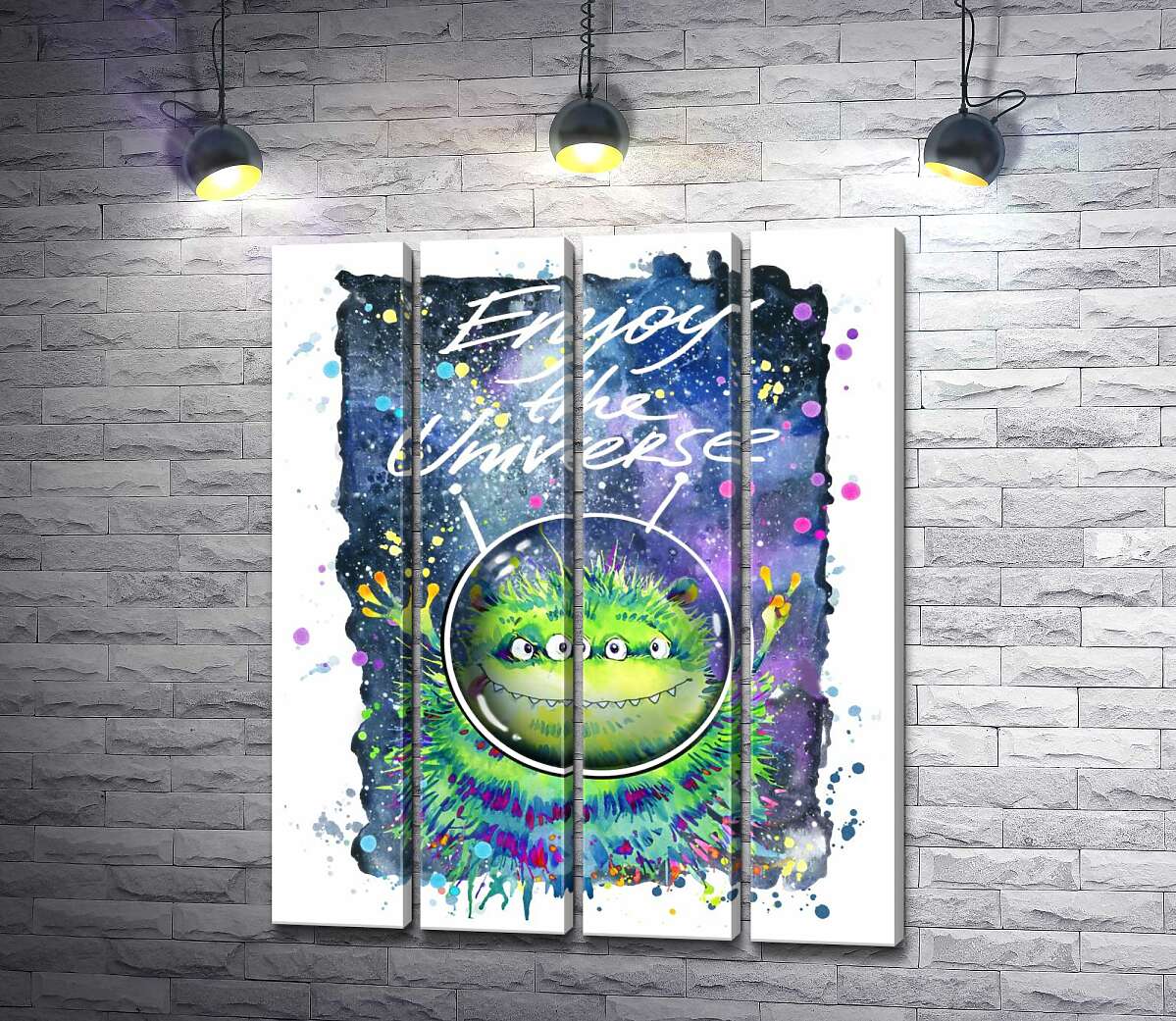 модульна картина Чотириокий зелений монстр літає в космосі біля напису "Enjoy the Universe" (Модуль №24)