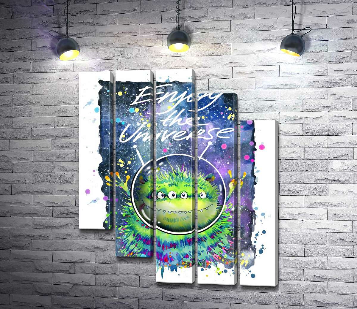 модульна картина Чотириокий зелений монстр літає в космосі біля напису "Enjoy the Universe" (Модуль №28)