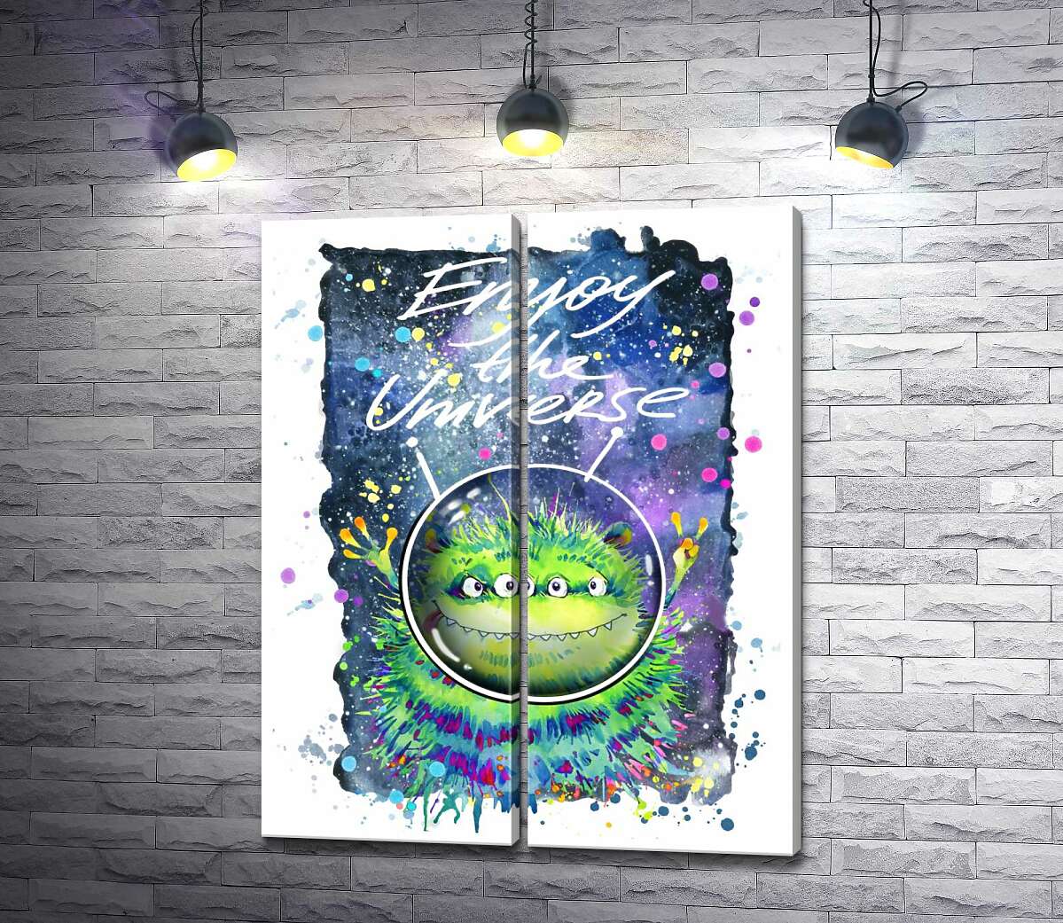 модульная картина Четырехглазый зеленый монстр летает в космосе возле надписи "Enjoy the Universe"