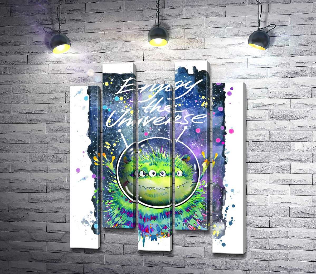 модульна картина Чотириокий зелений монстр літає в космосі біля напису "Enjoy the Universe" (Модуль №30)