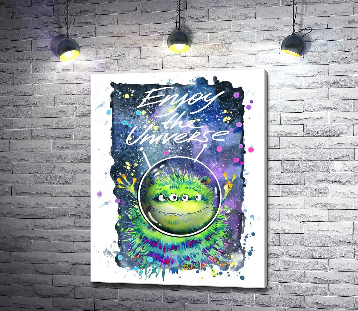 картина Чотириокий зелений монстр літає в космосі біля напису "Enjoy the Universe"