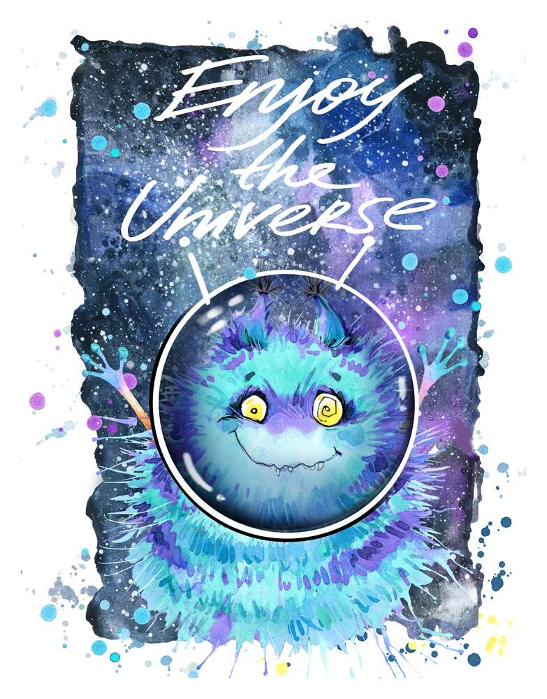 картина-постер Монстр с голубой шерстью летает в космосе с надписью "Enjoy the Universe"