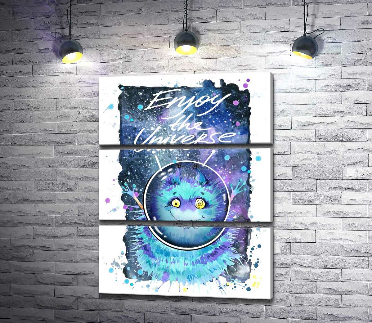 модульна картина Монстр з блакитною шерстю літає в космосі з написом "Enjoy the Universe" (Модуль №15)