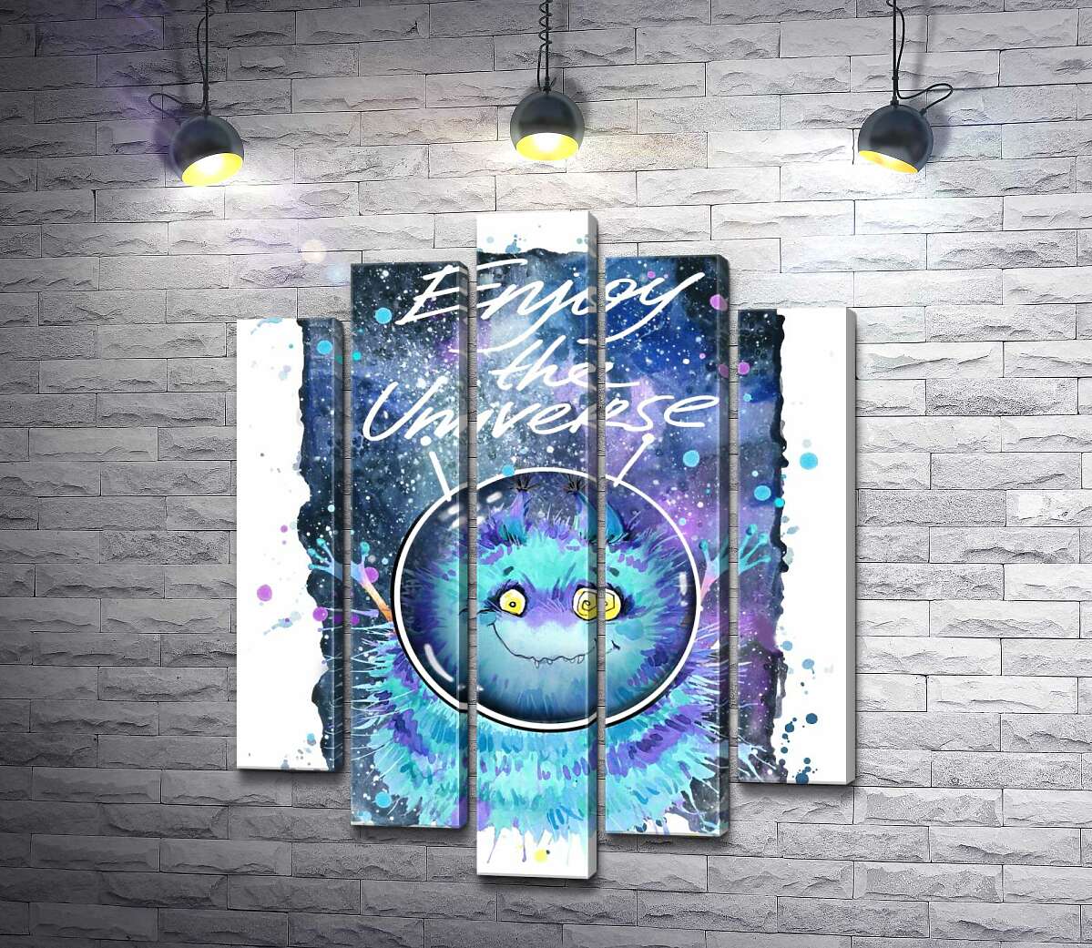 модульна картина Монстр з блакитною шерстю літає в космосі з написом "Enjoy the Universe" (Модуль №4)