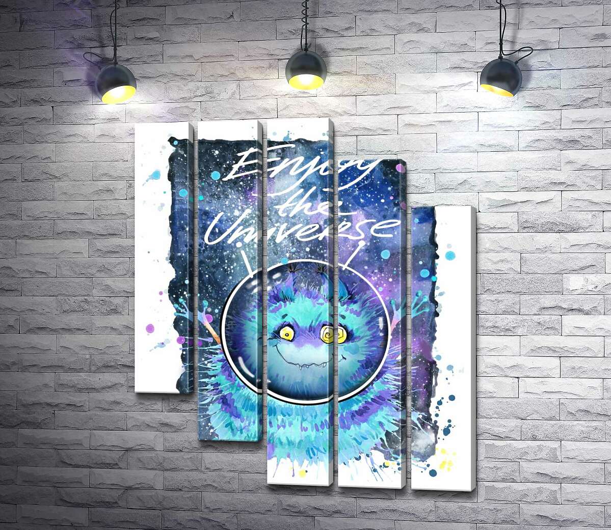 модульна картина Монстр з блакитною шерстю літає в космосі з написом "Enjoy the Universe" (Модуль №28)