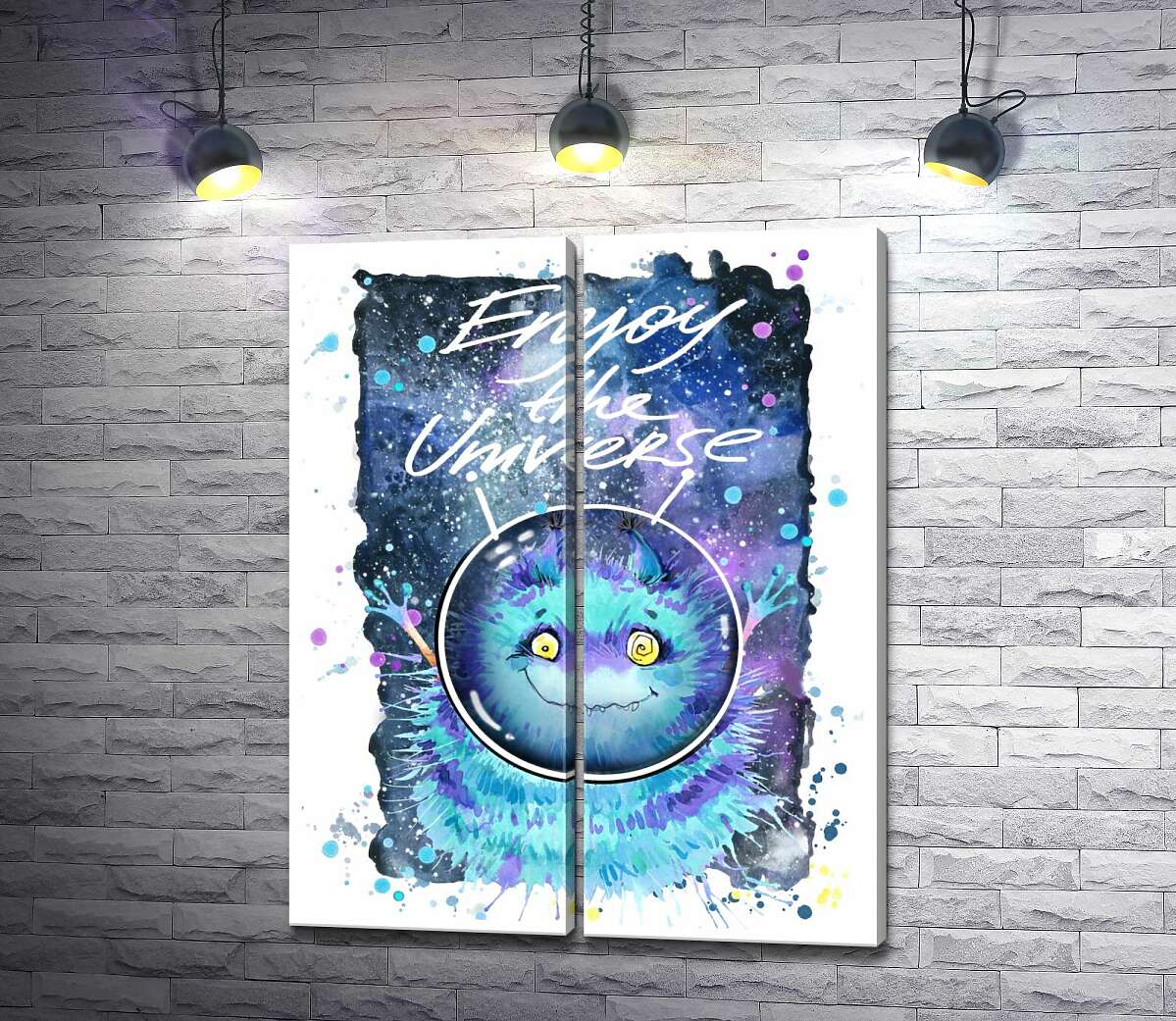 модульная картина Монстр с голубой шерстью летает в космосе с надписью "Enjoy the Universe"