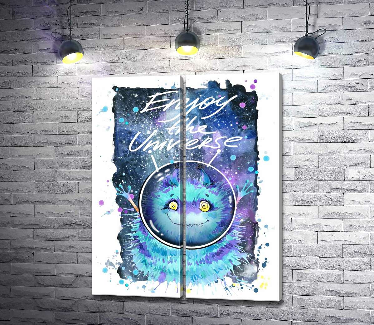 модульна картина Монстр з блакитною шерстю літає в космосі з написом "Enjoy the Universe" (Модуль №6)