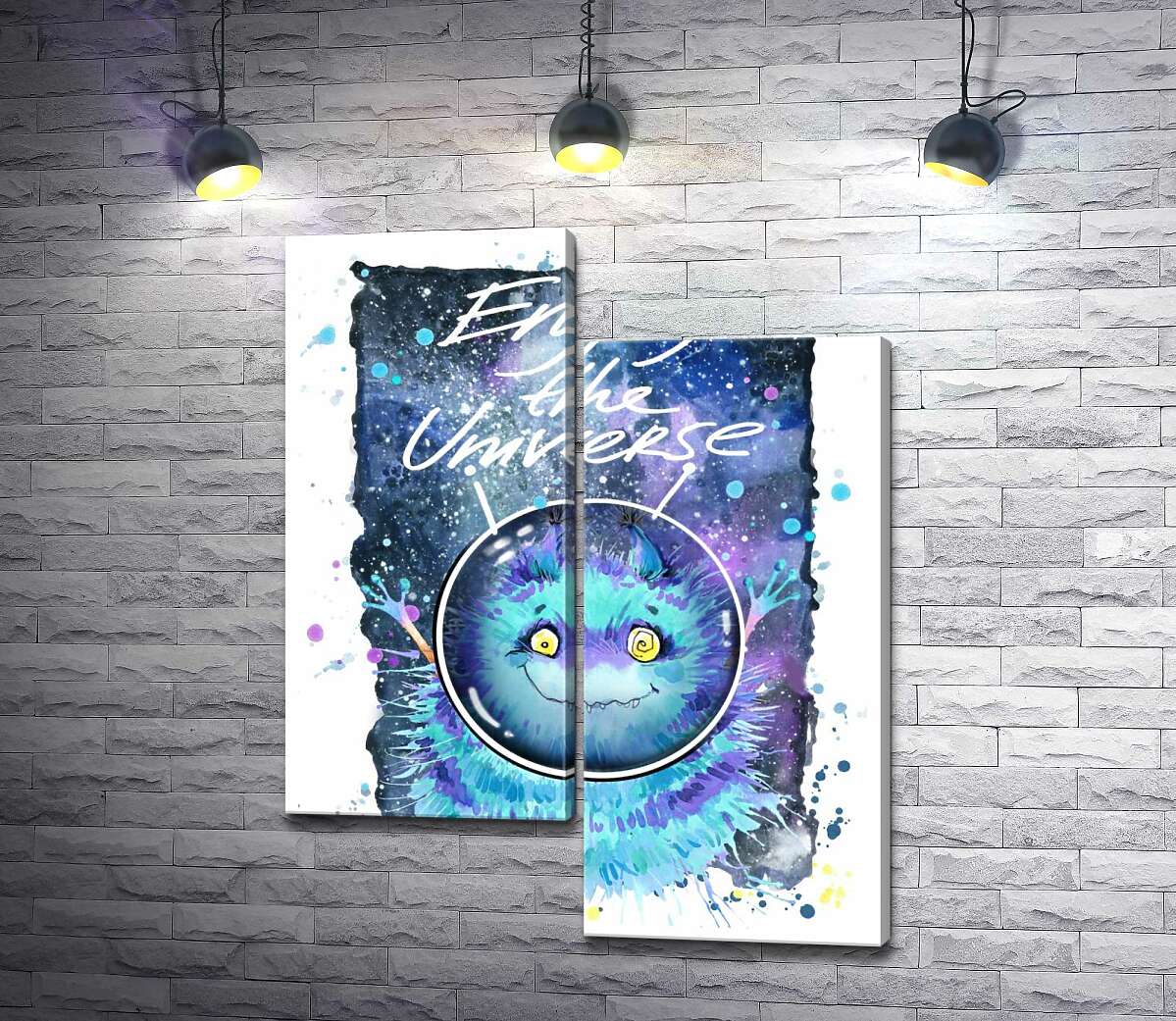 модульна картина Монстр з блакитною шерстю літає в космосі з написом "Enjoy the Universe" (Модуль №9)