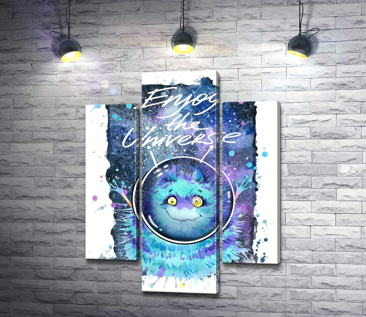 модульна картина Монстр з блакитною шерстю літає в космосі з написом "Enjoy the Universe" (Модуль №10)