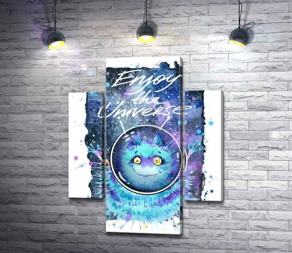 модульна картина Монстр з блакитною шерстю літає в космосі з написом "Enjoy the Universe" (Модуль №5)
