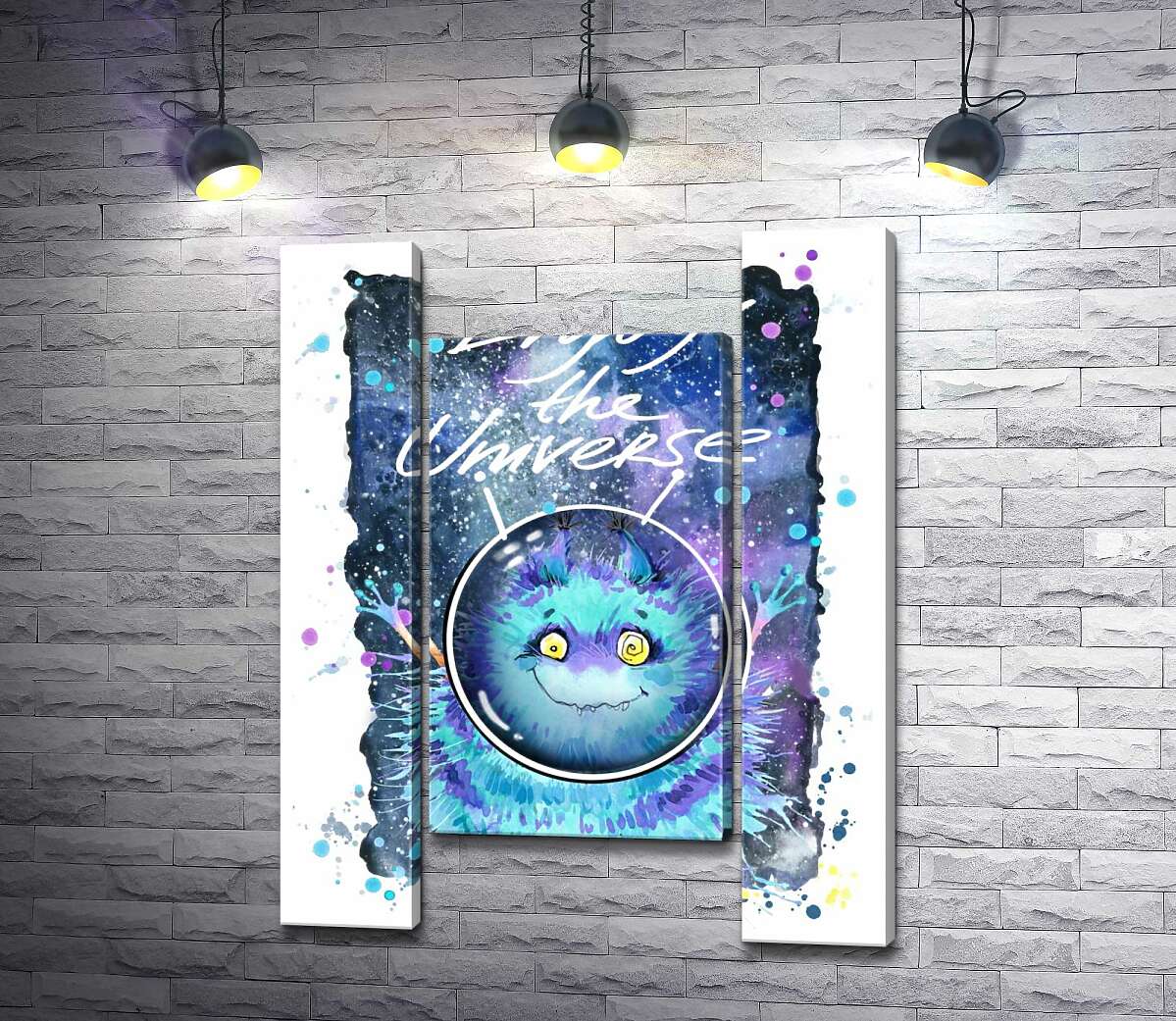 модульна картина Монстр з блакитною шерстю літає в космосі з написом "Enjoy the Universe" (Модуль №11)