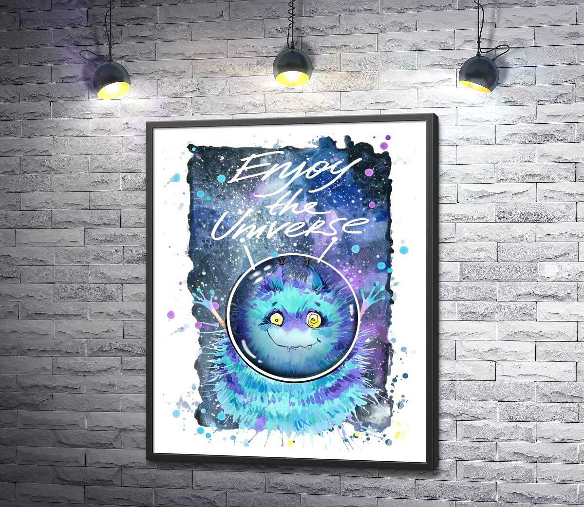 постер Монстр с голубой шерстью летает в космосе с надписью "Enjoy the Universe"