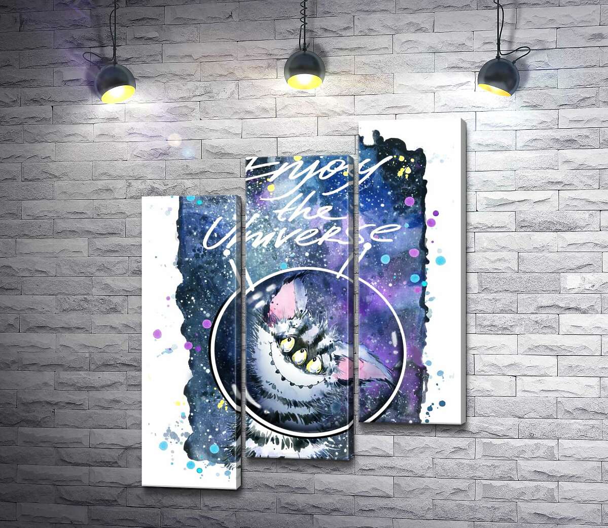 модульна картина Сором'язливий смугастий монстр в космосі з написом "Enjoy the Universe" (Модуль №14)