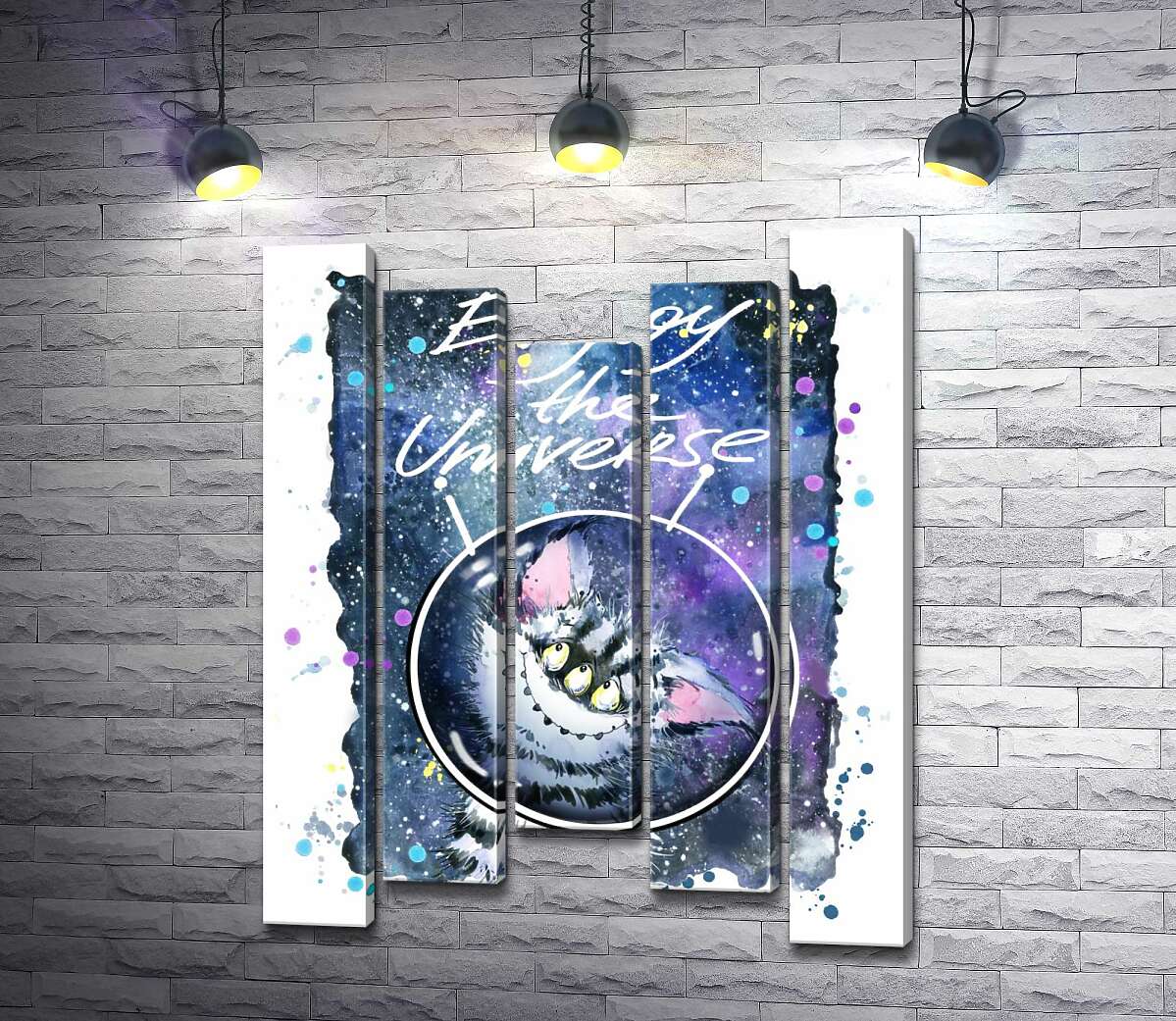 модульна картина Сором'язливий смугастий монстр в космосі з написом "Enjoy the Universe" (Модуль №27)