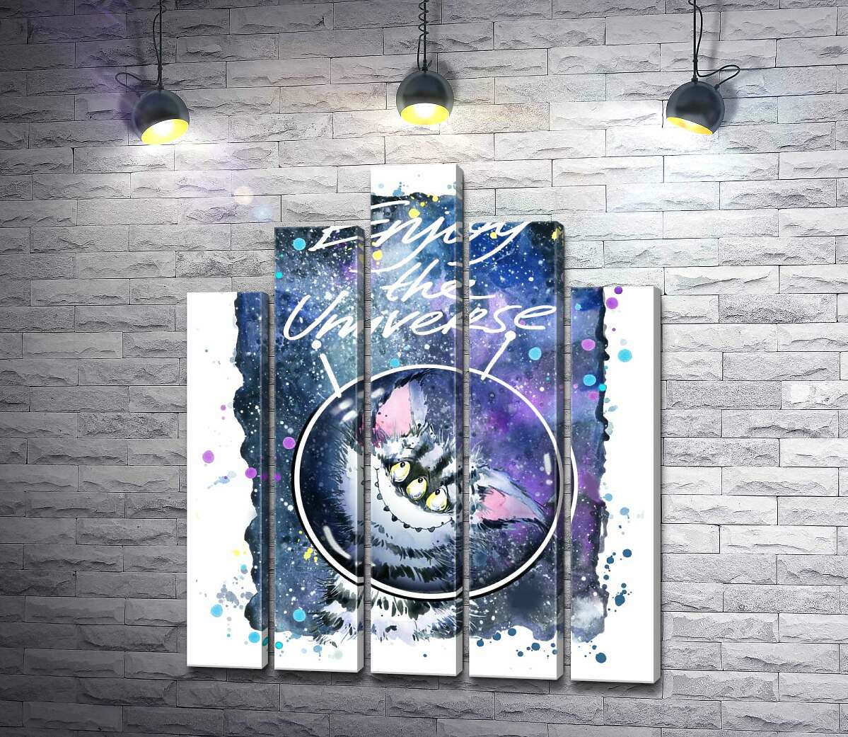 модульная картина Застенчивый полосатый монстр в космосе с надписью "Enjoy the Universe" (Модуль №29)