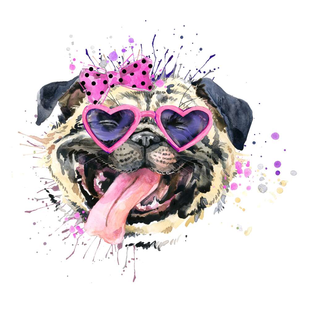 картина-постер Мопс в розовых очках высунул язык