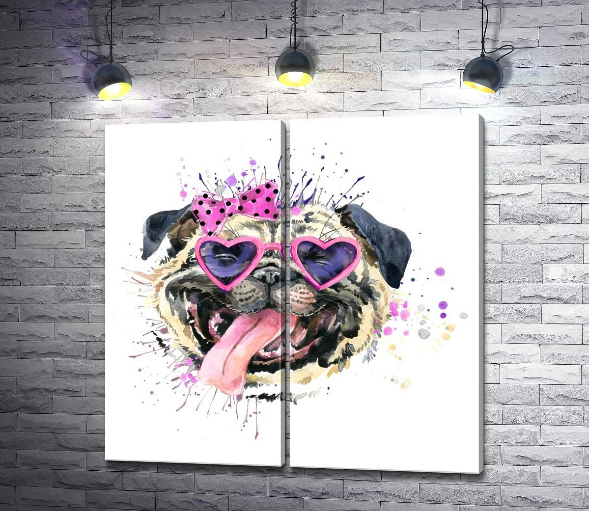 модульна картина Мопс в рожевих окулярах висунув язика