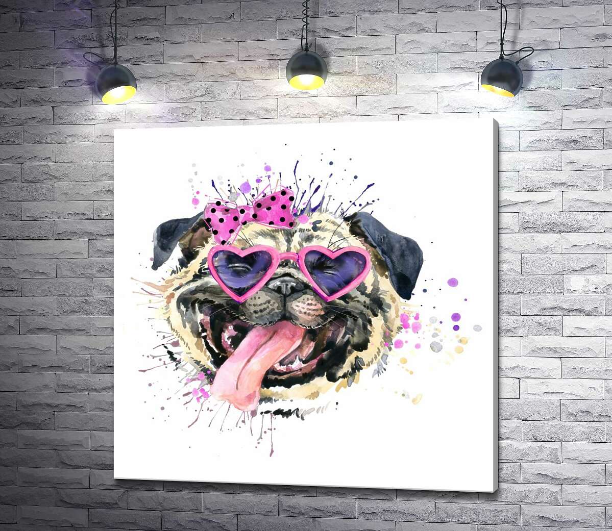 картина Мопс в рожевих окулярах висунув язика