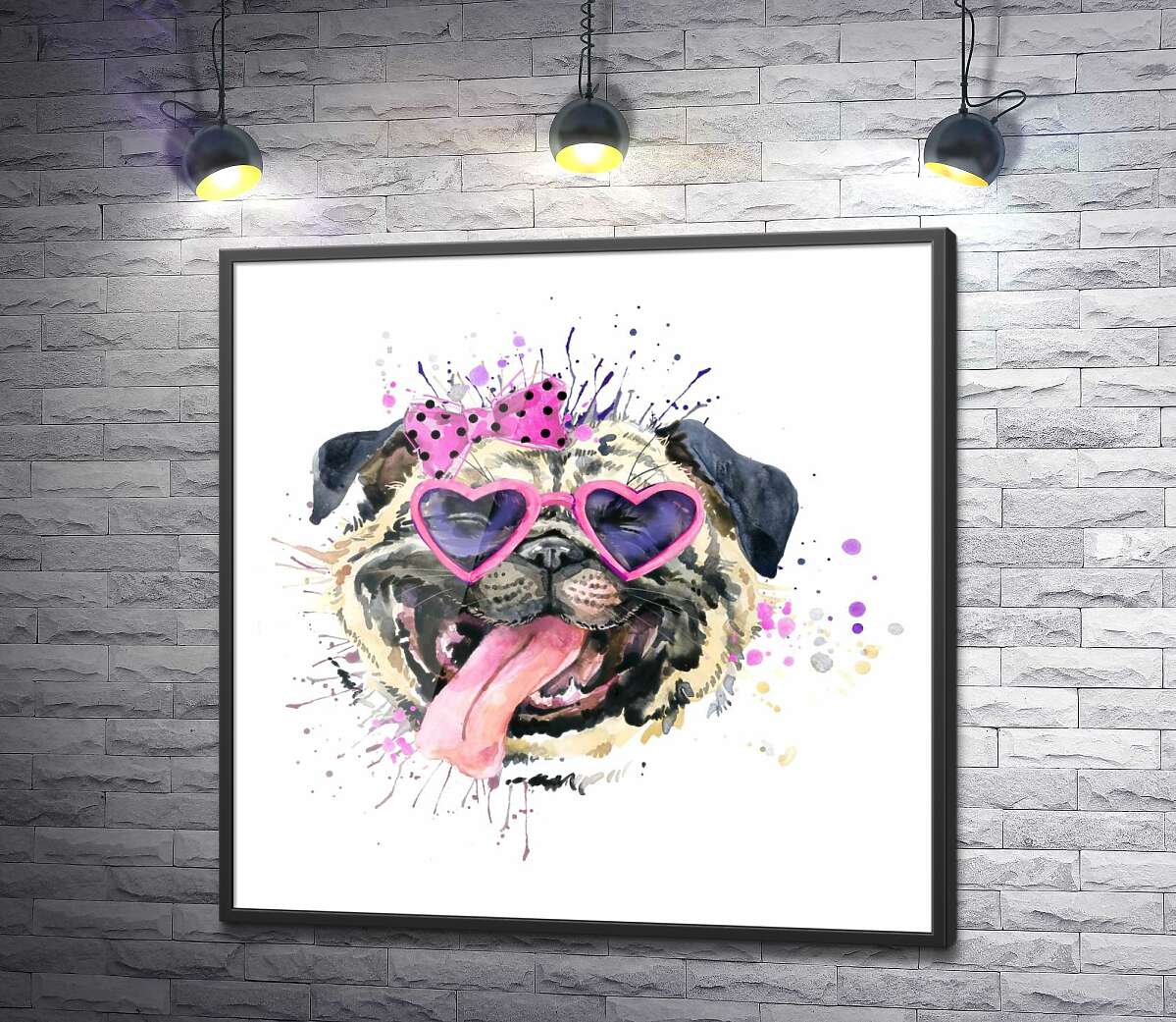 постер Мопс в рожевих окулярах висунув язика