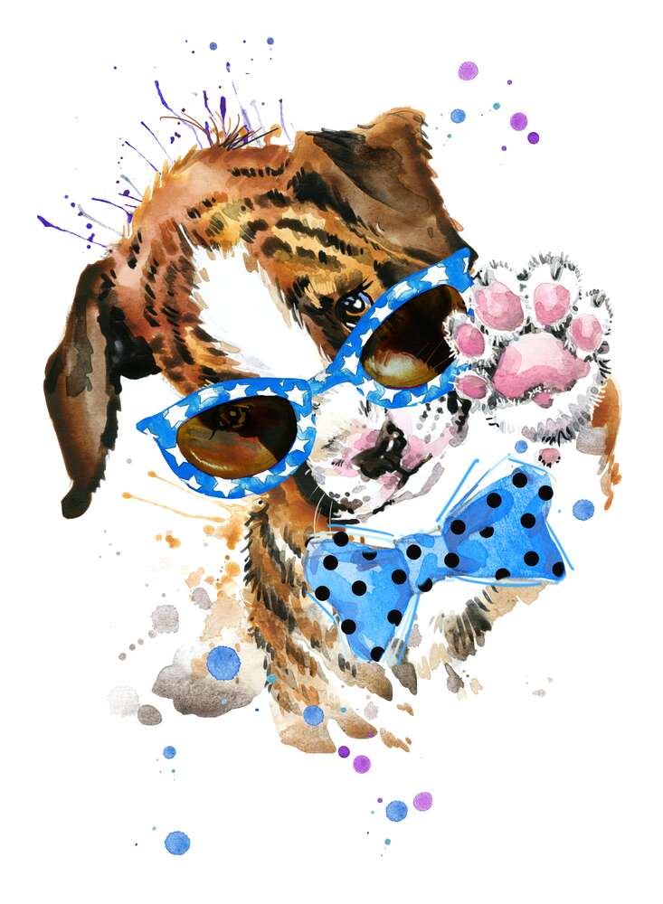 картина-постер Цуценя в блакитних окулярах та з метеликом на шиї