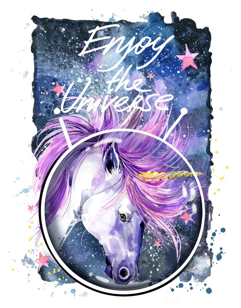 картина-постер Білий єдиноріг в шоломі серед космосу з написом "Enjoy the Universe"