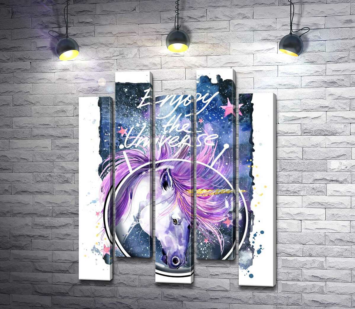 модульна картина Білий єдиноріг в шоломі серед космосу з написом "Enjoy the Universe" (Модуль №30)