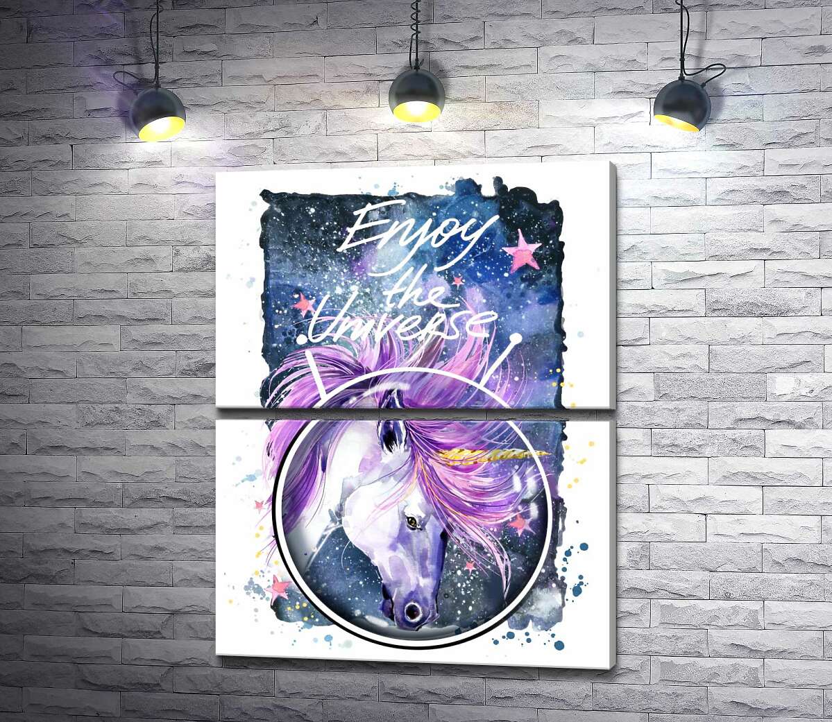 модульна картина Білий єдиноріг в шоломі серед космосу з написом "Enjoy the Universe" (Модуль №7)