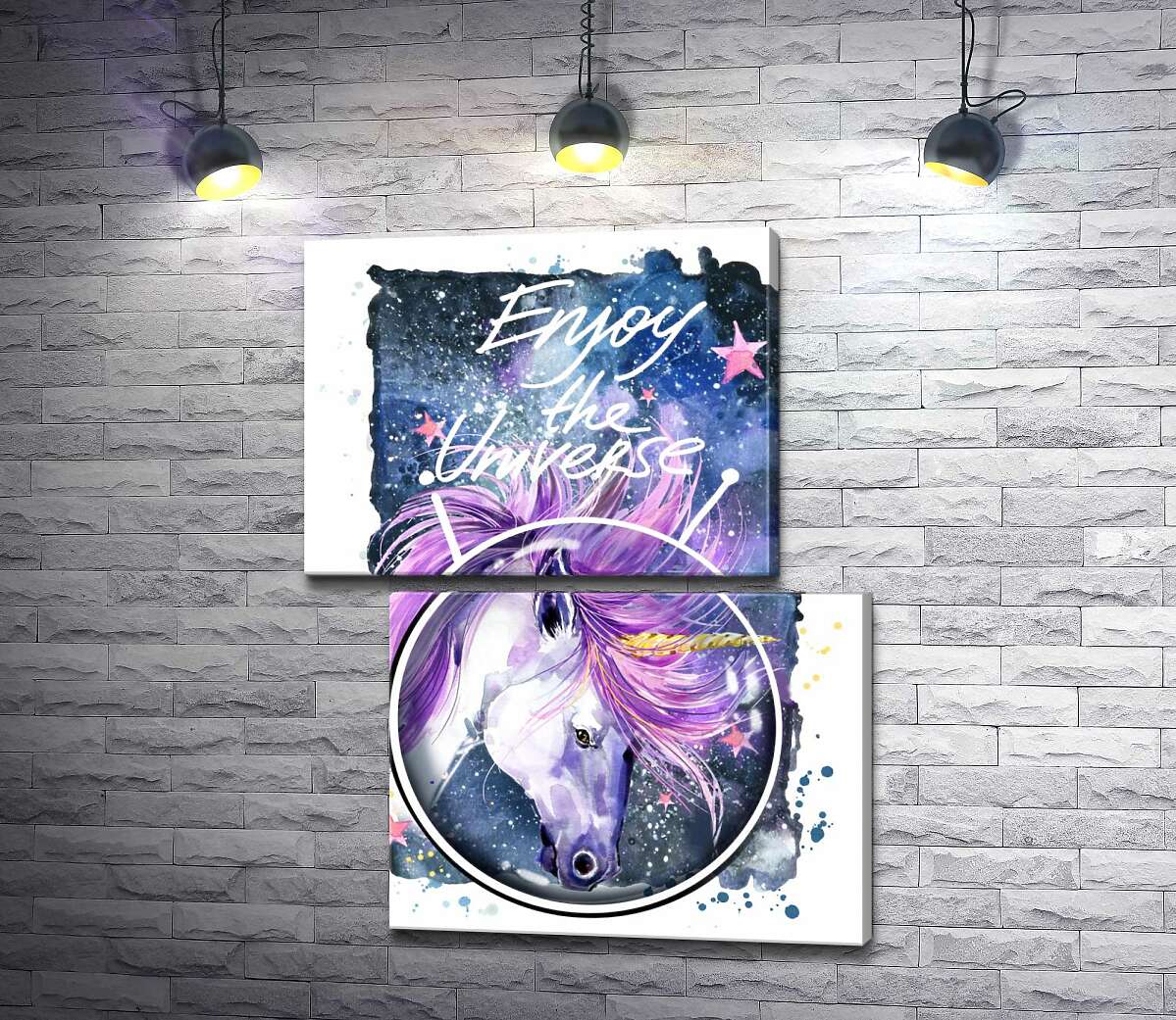 модульна картина Білий єдиноріг в шоломі серед космосу з написом "Enjoy the Universe" (Модуль №8)