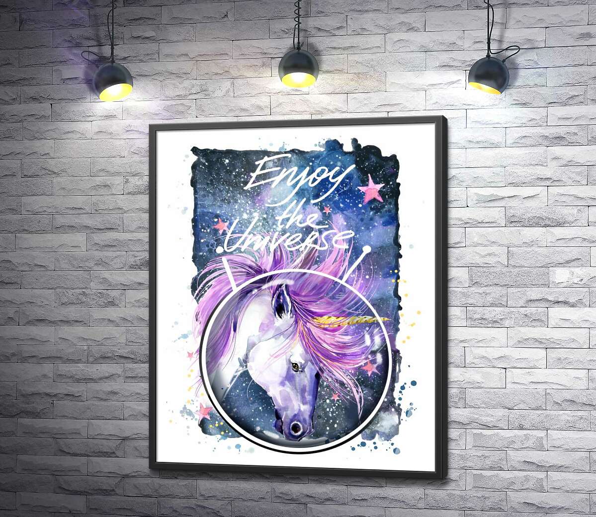 постер Білий єдиноріг в шоломі серед космосу з написом "Enjoy the Universe"