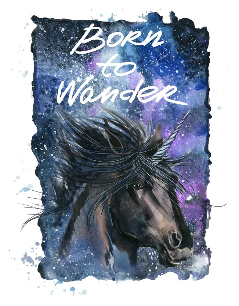 картина-постер Черный единорог на космическом фоне с надписью "born to wander"