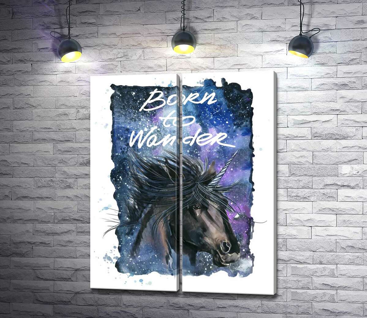 модульна картина Чорний єдиноріг на космічному фоні з написом "born to wander"