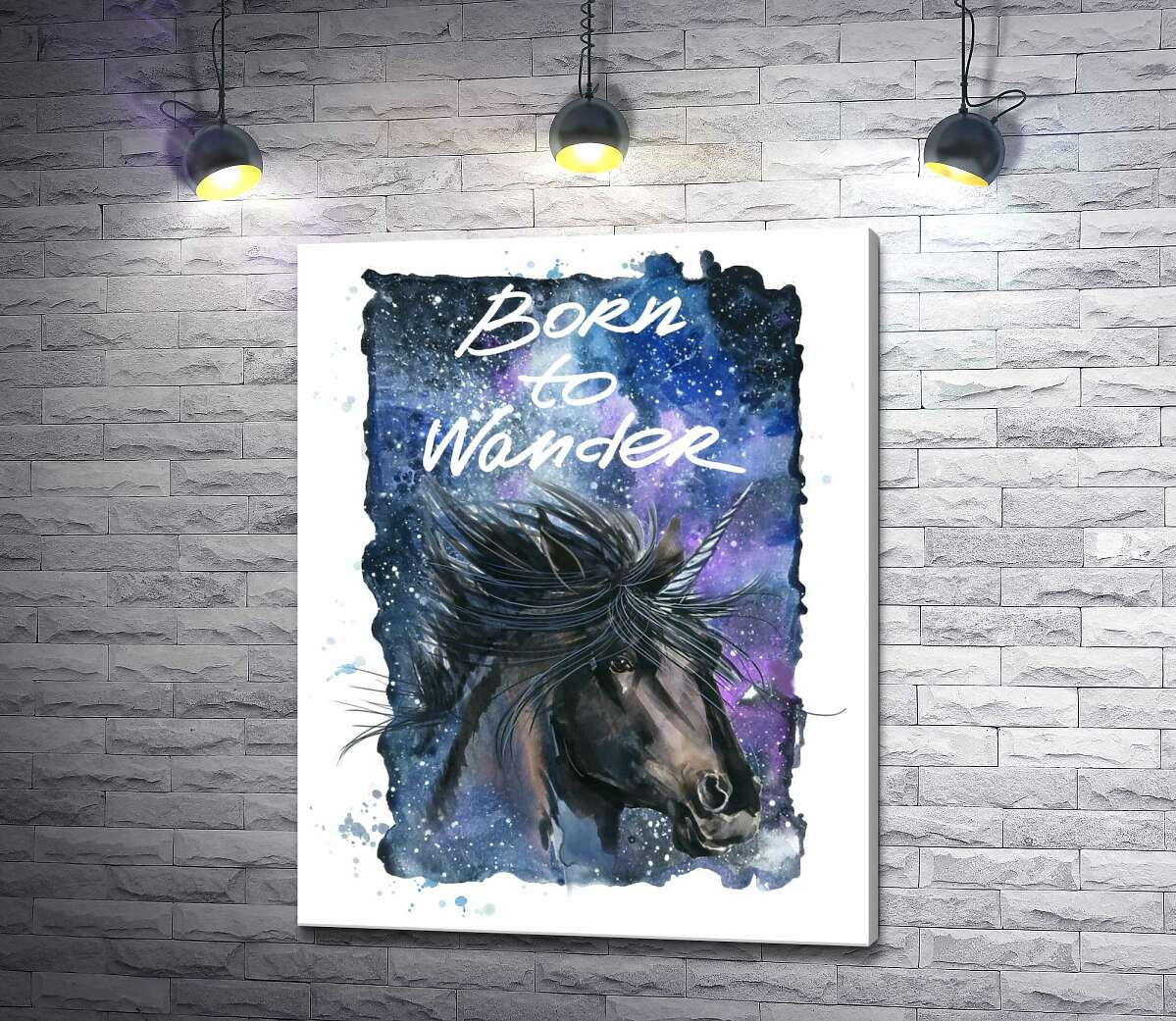 картина Чорний єдиноріг на космічному фоні з написом "born to wander"
