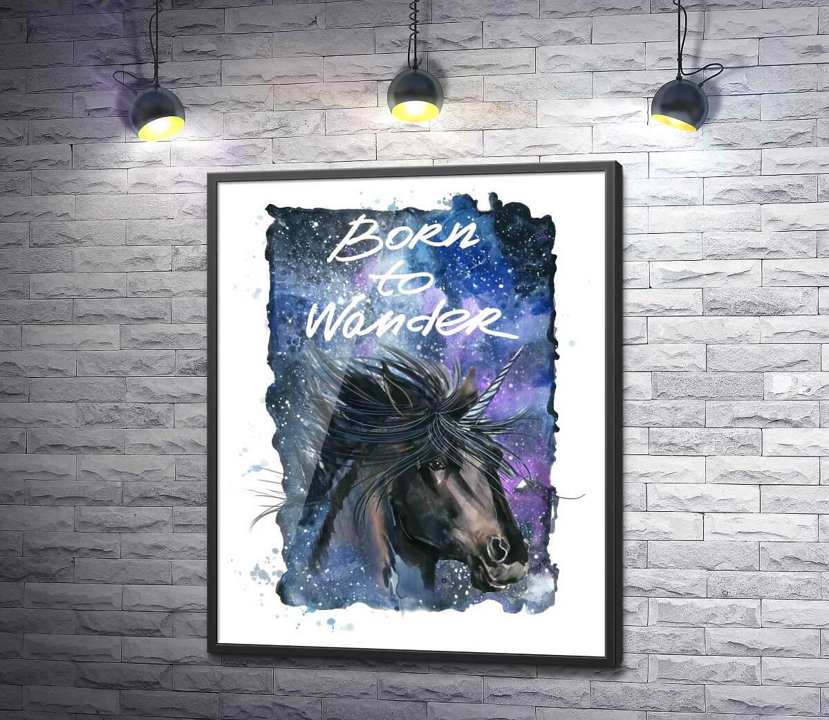 постер Чорний єдиноріг на космічному фоні з написом "born to wander"