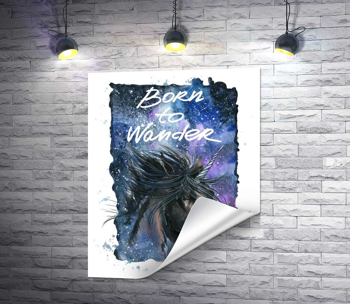друк Чорний єдиноріг на космічному фоні з написом "born to wander"
