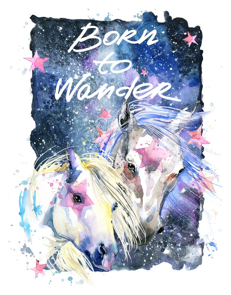 картина-постер Белые кони со звездными отметинами в космосе с надписью "born to wander"