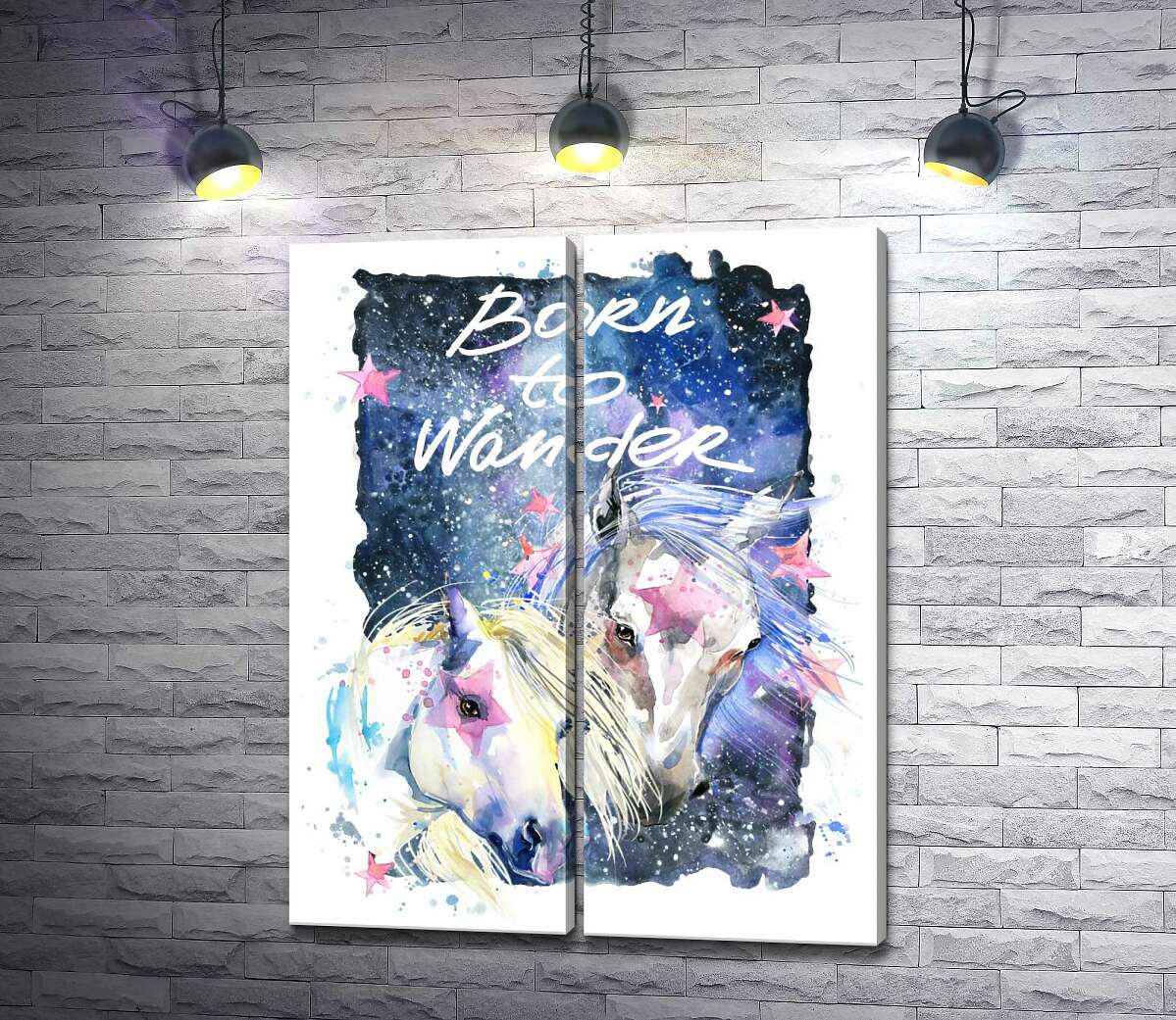 модульная картина Белые кони со звездными отметинами в космосе с надписью "born to wander"
