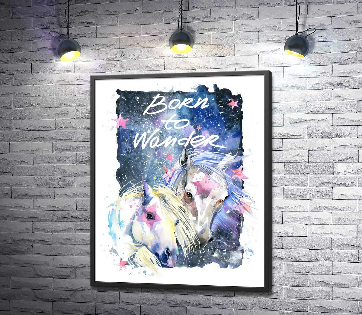 постер Белые кони со звездными отметинами в космосе с надписью "born to wander"