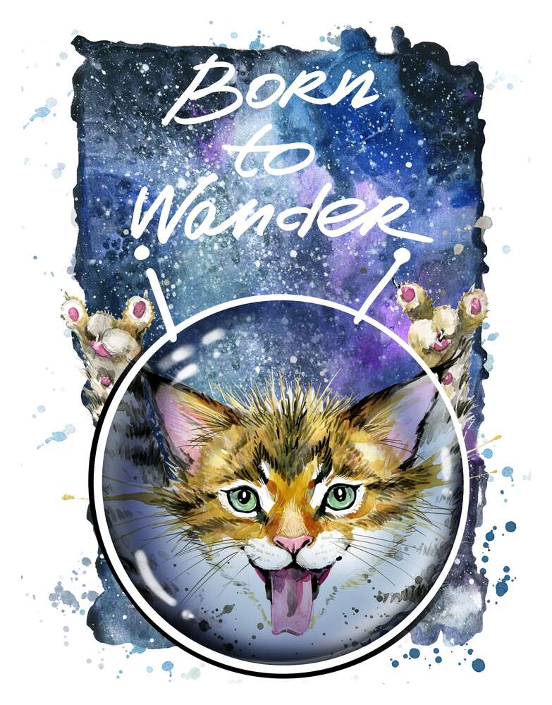 картина-постер Рыжий котенок в шлеме среди космоса с надписью "born to wander"