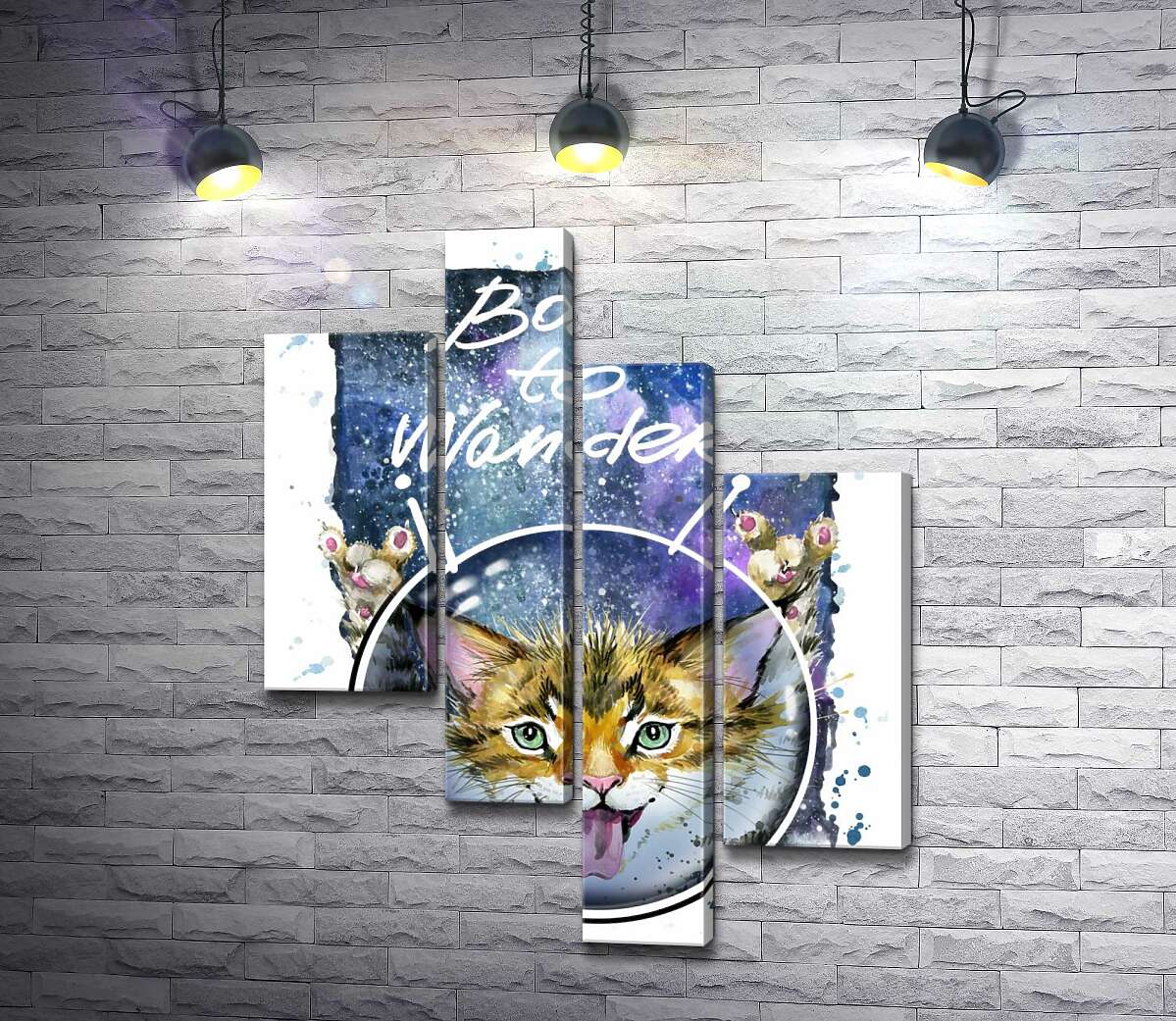 модульная картина Рыжий котенок в шлеме среди космоса с надписью "born to wander" (Модуль №21)